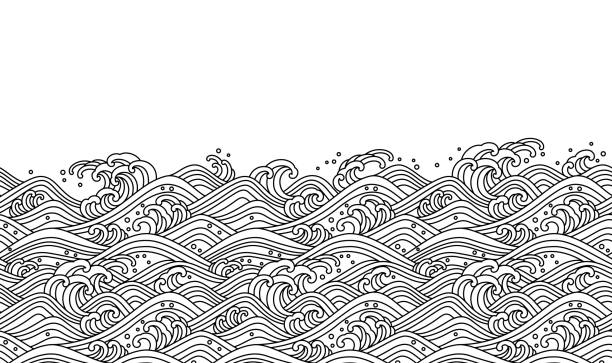 Oriental wave seamless wallpaper Oriental wave seamless background. Line art vector illustration. asian tattoos stock illustrations