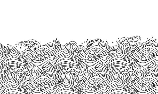 Oriental wave seamless wallpaper Oriental wave seamless background. Line art vector illustration. tattoo seamless texture stock illustrations