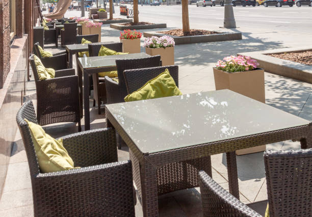 istock Keep space between each street cafe chair and tables separate for social distancing, increasing physical space between people to avoid spreading virus COVID-19 1255967232