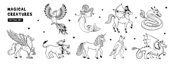 Magical creatures set. Mythological animals. Doodle style black and white vector illustration isolated on white background. Tattoo design or coloring page, Line Art. horizontal page