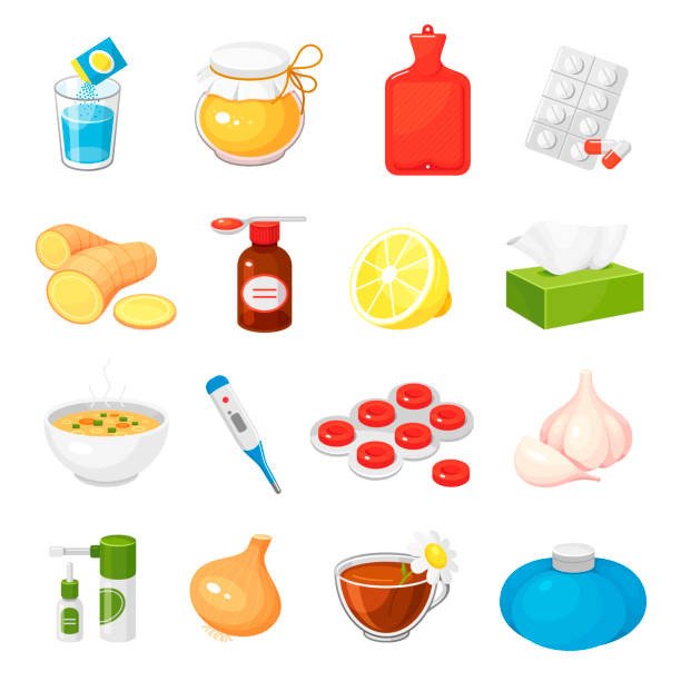 Cold, flue, influenza remedies. Mixture, pills, tablets, honey, capsules, hot water bag, ginger. Cold, flue, influenza remedies. Mixture, pills, tablets, honey, capsules, hot water bag, ginger, lemon, garlic, wipes, thermometer, spray, drops, onion, herbal tea. Vector icons set isolated on white. cough lozenge stock illustrations