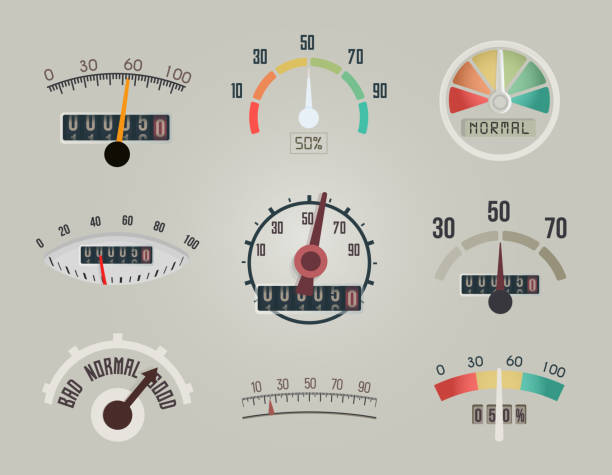 Set of measuring device display, arrow and scale on the meter screen of business indicator, speedometer icons, vector logo design. Set of measuring device display, arrow and scale on the meter screen of business indicator, speedometer icons, vector logo design vintage speedometer stock illustrations