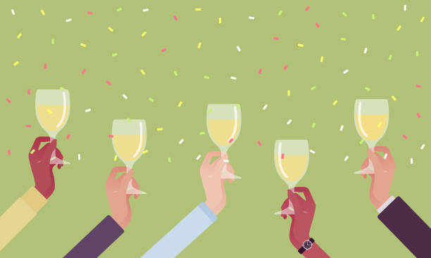 Hands holding drinks for happy festive cheers Hands holding drinks for happy festive cheers. Bright anniversary celebration, birthday party, wedding or corporate event gathering, good wishes before drinking. Vector flat style cartoon illustration happy hour illustrations stock illustrations