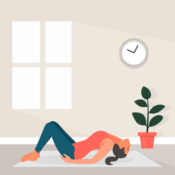 ilustraciones, imágenes clip art, dibujos animados e iconos de stock de yoga femenino en estilo plano. ilustración vectorial de hermosa mujer de dibujos animados en matsyasana pose de yoga. concepto de deportes caseros - brain gym