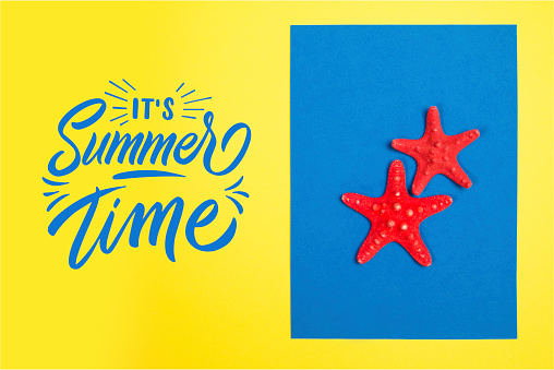Red starfishes on a blue and yellow background with the text Summer Time