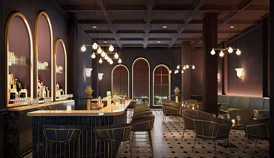 Bar counter with chairs.Modern classic style interior.3d rendering