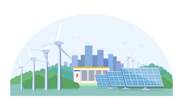 ilustraciones, imágenes clip art, dibujos animados e iconos de stock de concepto de energía renovable con energía solar y eólica - central eléctrica solar
