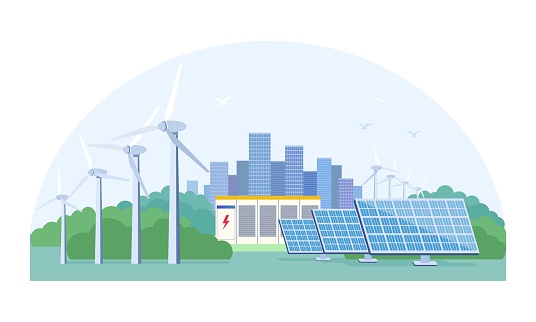 Renewable energy concept with photovoltaic solar panels and wind turbines on the outskirts of a city, colored vector illustration