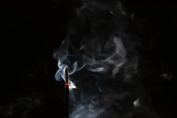 Photo of abstract background of smoke from a stick of incense close up with copy space