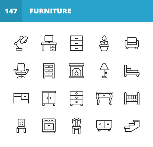 ilustrações de stock, clip art, desenhos animados e ícones de furniture line icons. editable stroke. pixel perfect. for mobile and web. contains such icons as furniture, architecture, lamp, desk, plant, mirror, armchair, fireplace, oven, chair, dressing table, wardrobe, office chair. - fire place