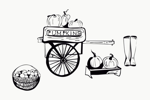 ilustrações, clipart, desenhos animados e ícones de gráfico de tinta de colheita de outono. carrinho de madeira com abóboras. uma caixa de abóboras e uma cesta de vime cheia de maçãs. - agriculture autumn apple greengrocers shop