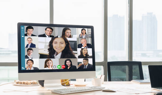 istock Video call business people meeting on virtual workplace or remote office 1255979715