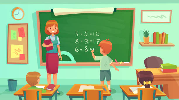 Maths class, woman teacher and pupils sitting at desks in room. Kids learning mathematics, having lesson Maths class, woman teacher and pupils sitting at desks in room. Kids learning mathematics, having lesson. Boy doing calculation on blackboard. Education concept, knowledge vector illustration teacher classroom child education stock illustrations