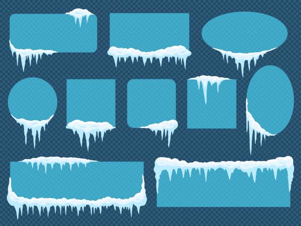 雪と氷のフレーム。円、正方形、楕円などの異なる形状の雪片を持つ凍結された境界線。 - icicle点のイラスト素材／クリップアート素材／マンガ素材／アイコン素材