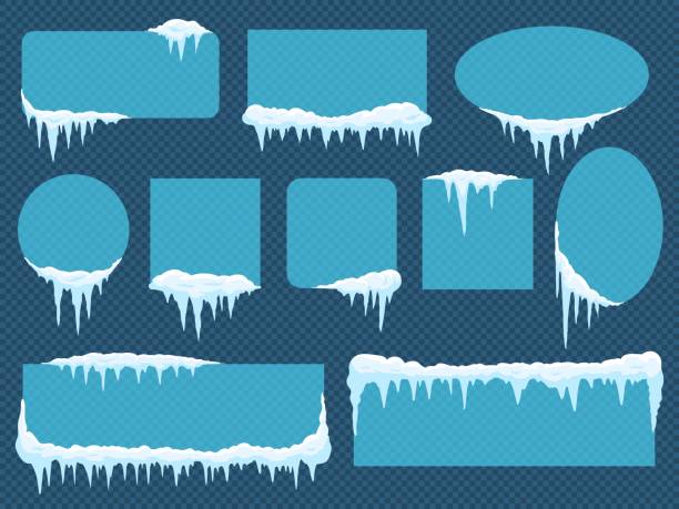 Frames with snow and ice. Frozen borders with snowflakes of different shape as circle, square and ellipse. Frames with snow and ice. Frozen borders with snowflakes of different shape as circle, square, rectangle and ellipse isolated on transparent background. Snowy caps vector illustration icicle cartoon stock illustrations