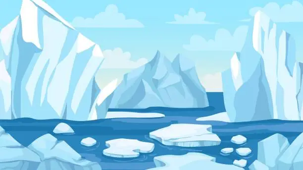 Vector illustration of Cartoon arctic landscape. Icebergs, blue pure water glacier and icy cliff snow mountains. Greenland polar nature panoramic vector background