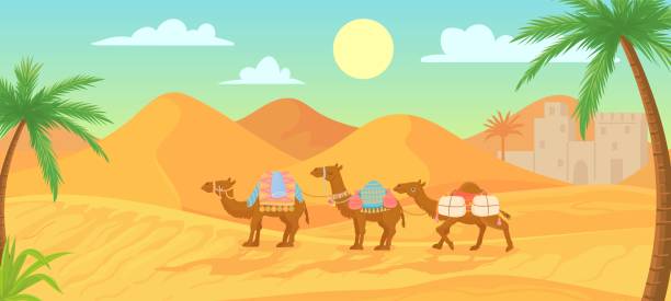 istock Desert camel. Caravan in egypt sahara landscapes. Cartoon arabic panoramic vector background with sand dunes and camels 1255979865