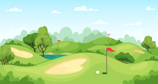 illustrations, cliparts, dessins animés et icônes de golf. paysage vert avec des drapeaux et le sol de sable, voiturette de golf sur la pelouse, cours pour le fond de vecteur de golf de jeu de tournoi - sand trap golf sand trap