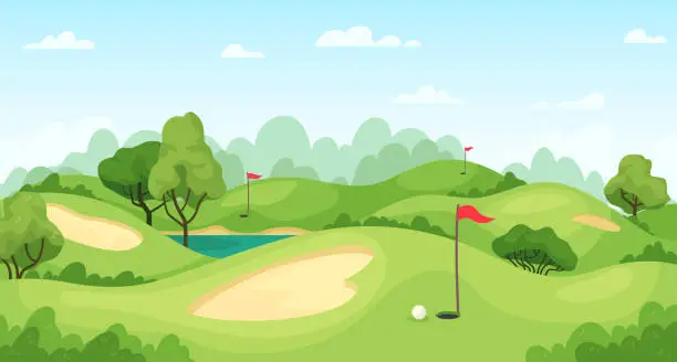Vector illustration of Golf course. Green landscape with flags and sand ground, golf cart on lawn, course for tournament game golf vector background