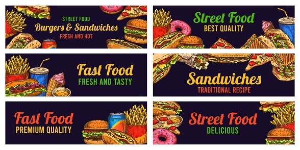 Fast food banners. Sketch hamburger and hot dog, pizza and fries, burger, donuts and cola, advertising restaurant advertising vector set