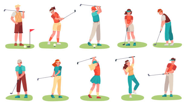 gra w golfa. mężczyźni i kobiety trenują z kijami golfowymi na zielonej trawie, sportowi hobbysty golfiści w mundurze, ilustracja wektorowa z bajki - golf green practicing sports training stock illustrations