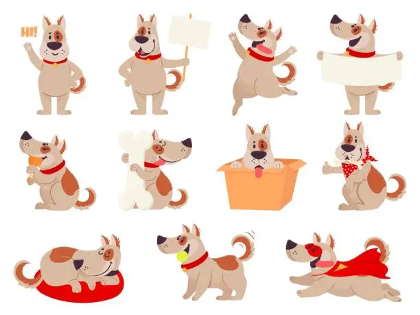 Vector illustration of Cartoon dog mascot. Cute dogs in different action and emotion, happy smile friendly behavior pet, character funny avatar vector set