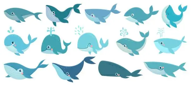 Vector illustration of Cute whales. Marine life animals, underwater blue whales, childrens icons for stickers, baby shower, books. Simple cartoon vector set