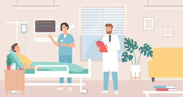 Vector illustration of Hospital room. Patient in bed hospital ward, doctor and nurse provide medical care, intensive therapy, healthcare flat vector concept