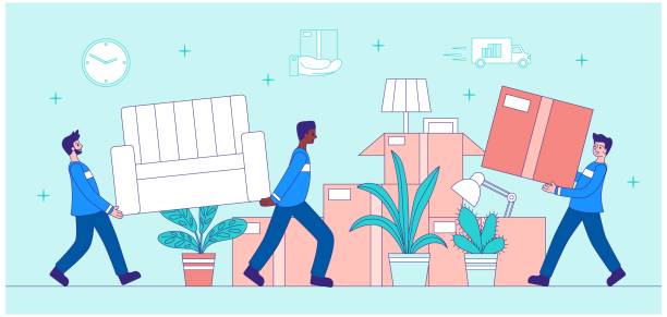 illustrazioni stock, clip art, cartoni animati e icone di tendenza di concetto di trasporto e traslochi - addetto ai traslochi