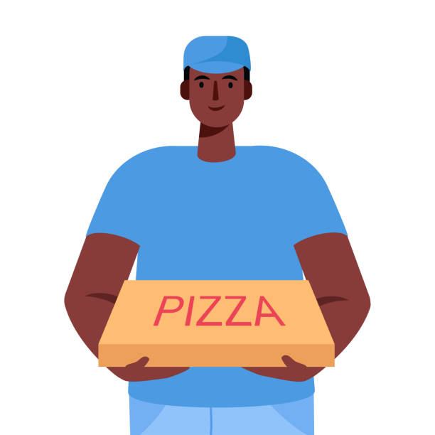 pizza-lieferant hält karton mit pizza in lieferauftrag. schneller kurier. restaurant-essen-service. vektor-illustration in cartoon flachen stil - pizza delivering running men stock-grafiken, -clipart, -cartoons und -symbole