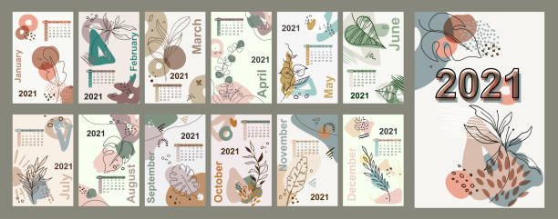 Monthly wall 2021 calendar floral line art vector leaves background, vector art illustration