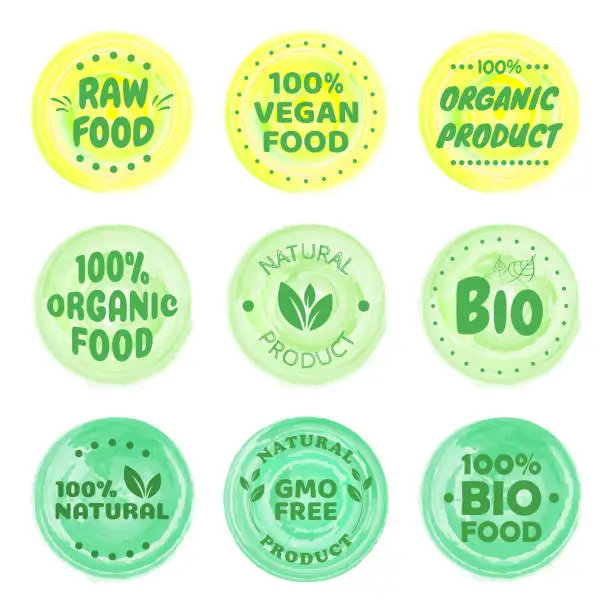 Vector illustration of Organic food labels. Fresh eco vegetarian products, vegan label and healthy foods badges. Veganism logo, vegans diet sticker or ecological food product stamp. Vegetarian eco green concept.