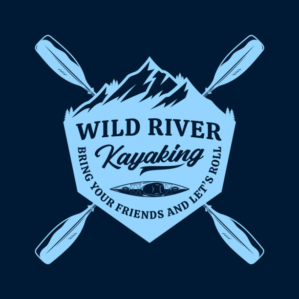 stockillustraties, clipart, cartoons en iconen met vector kajakken badge ontwerpconcept - raften