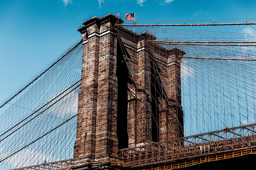Low-angel shot of Brooklyn Bridge, New York City