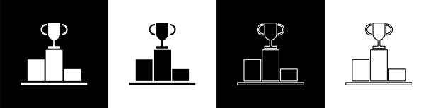 illustrazioni stock, clip art, cartoni animati e icone di tendenza di imposta hockey sull'icona del podio del vincitore dello sport isolata su sfondo bianco e nero. illustrazione vettoriale - podium winning pedestal success