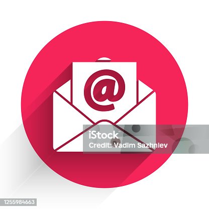 istock White Mail and e-mail icon isolated with long shadow. Envelope symbol e-mail. Email message sign. Red circle button. Vector Illustration 1255984663