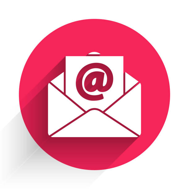 白色郵件和電子郵件圖示與長陰影隔離。信封符號電子郵件。電子郵件符號。紅色圓圈按鈕。向量插圖 - 電子通訊 幅插畫檔、美工圖案、卡通及圖標