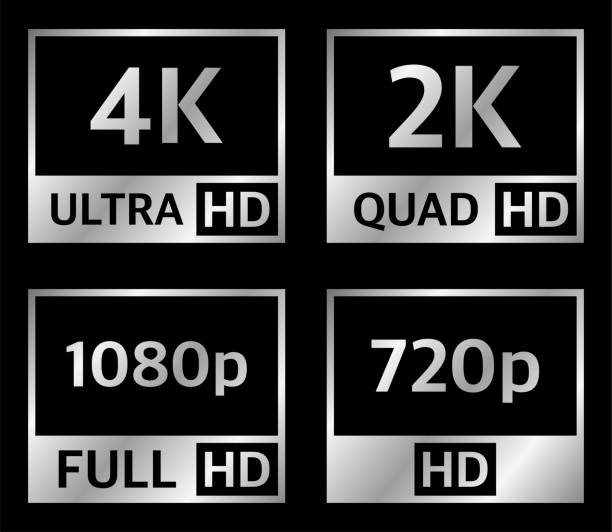 ilustrações, clipart, desenhos animados e ícones de placas de apresentação de resolução 4k uhd, quad hd, full hd e hd de cor gradiente prata no fundo preto. símbolos de tv e ícones. vetor. - hd 1080