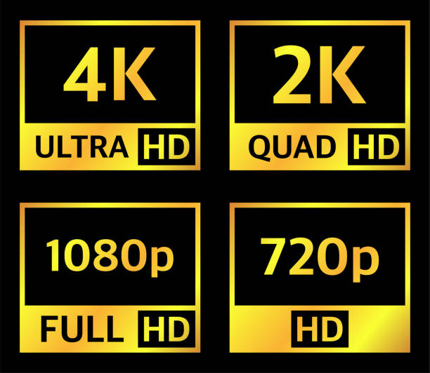 ilustrações, clipart, desenhos animados e ícones de placas de apresentação de resolução 4k uhd, quad hd, full hd e hd de cor gradiente dourado no fundo preto. símbolos de tv e ícones. vetor. - hd 1080