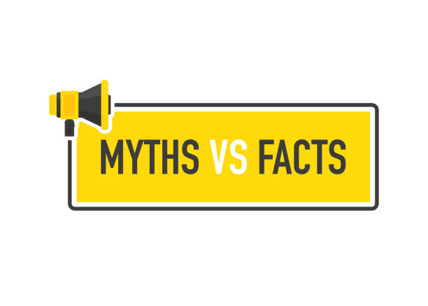 Megaphone geometric yellow banner with MYTHS VS FACTS speech bubble. Flat style. Vector. Megaphone geometric yellow banner with MYTHS VS FACTS speech bubble. Flat style. Vector illustration. falsehood stock illustrations