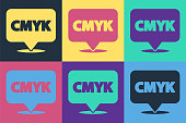 istock Pop art Speech bubble with text CMYK icon isolated on color background. Vector Illustration 1255987494