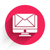 istock White Monitor and envelope, new message, mail icon isolated with long shadow. Usage for e-mail newsletters, headers, blog posts. Red circle button. Vector Illustration 1255987599
