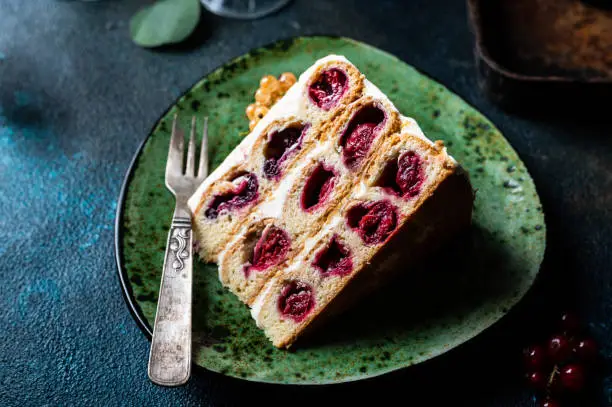 Cherry cake. Traditional russian dessert. Piece of cake. Berries, dessert. Red currant