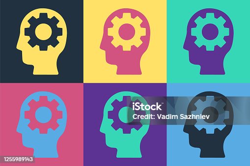 istock Pop art Human head with gear inside icon isolated on color background. Artificial intelligence. Thinking brain. Symbol work of brain. Vector Illustration 1255989143