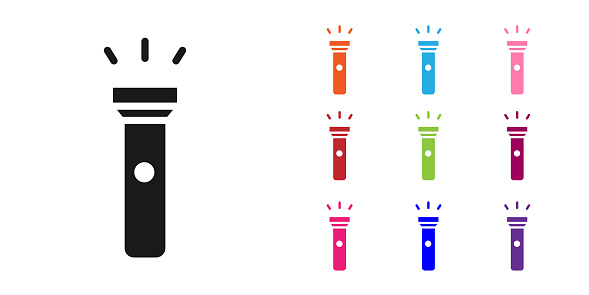 Black Flashlight icon isolated on white background. Set icons colorful. Vector Illustration