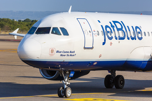 Cartagena, Colombia – January 29, 2019: JetBlue Airways Airbus A320 airplane at Cartagena airport (CTG) in Colombia. Airbus is a European aircraft manufacturer based in Toulouse, France.