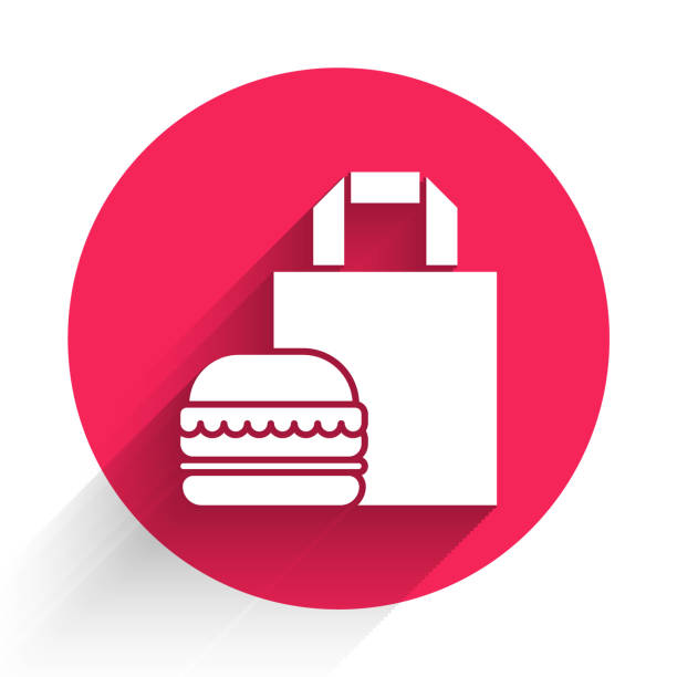 illustrations, cliparts, dessins animés et icônes de white online commande et icône de livraison de hamburger isolé avec une longue ombre. bouton cercle rouge. illustration vectorielle - white food and drink industry hamburger cheeseburger