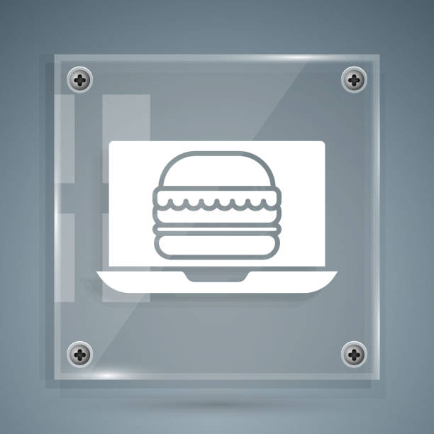 白オンライン注文とハンバーガー配達アイコンは灰色の背景に隔離されています。正方形のガラスパネル。ベクトルの図 - white food and drink industry hamburger cheeseburger点のイラスト素材／クリップアート素材／マンガ素材／アイコン素材
