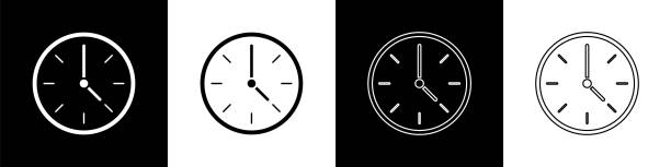 ilustraciones, imágenes clip art, dibujos animados e iconos de stock de establezca el icono reloj aislado sobre fondo blanco y negro. símbolo de tiempo. ilustración vectorial - reloj