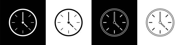 illustrazioni stock, clip art, cartoni animati e icone di tendenza di impostare l'icona orologio isolata su sfondo bianco e nero. simbolo dell'ora. illustrazione vettoriale - orologio